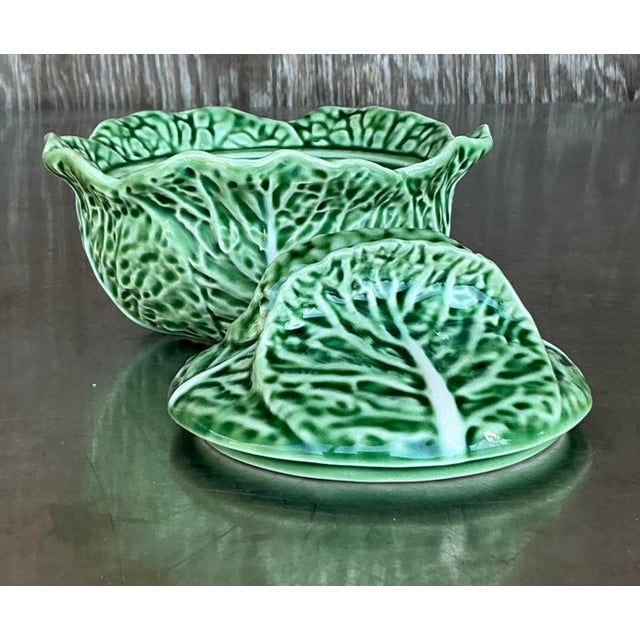 Boho Chic Vintage Boho Bordallo Pinheiro Glazed Ceramic Cabbage Lidded Bowl For Sale - Image 3 of 7