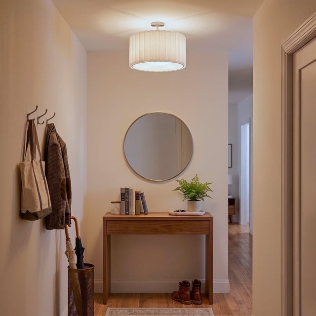 Nova Scallop Semi-Flush Mount, Modern Design With Satin Nickel Steel & Drum White Linen Shade, 19" Dimmable Fixture For Sale - Image 4 of 6
