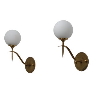 Italian Brass and Opaline Glass Globe Wall Sconces, 1950s, Set of 2 For Sale