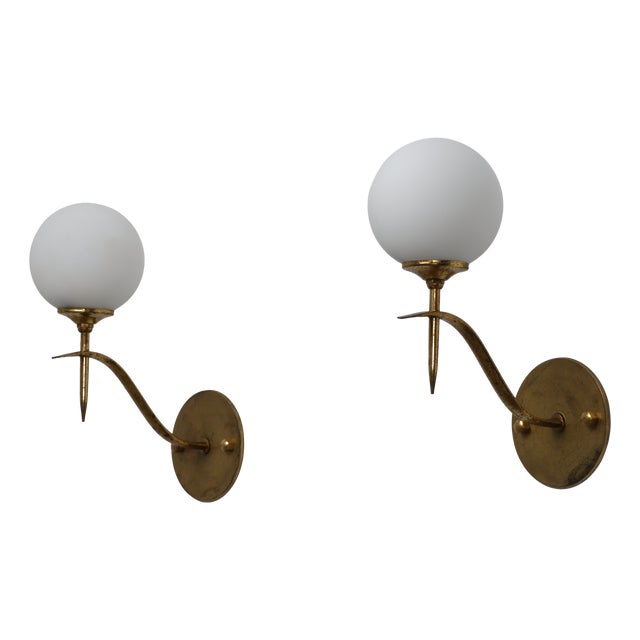 Italian Brass and Opaline Glass Globe Wall Sconces, 1950s, Set of 2 For Sale
