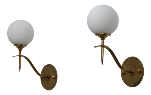 Italian Brass and Opaline Glass Globe Wall Sconces, 1950s, Set of 2