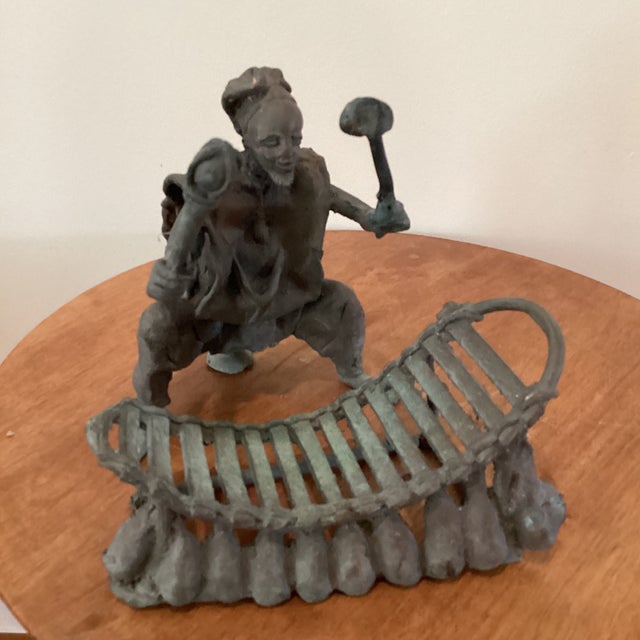 Metal Antique Ashanti Figural Bronze Musicians Group Sculptures Deep Verdigris 6 Pieces For Sale - Image 7 of 12