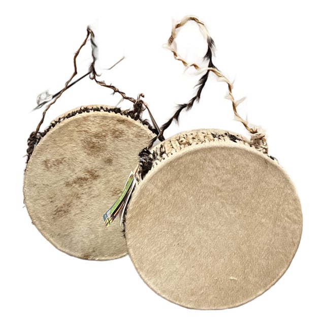 Pair of Cowhide Decorative Drums With Leather Lacing For Sale