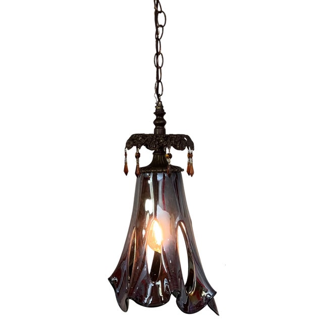Art Glass Reddish Brown Fazzoletto Stretched Loop Shade Pendant Light For Sale - Image 17 of 18