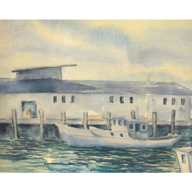 Modern Boats at the Harbor - Nautical Seascape by Clarence Albert Taubenhein For Sale - Image 3 of 7