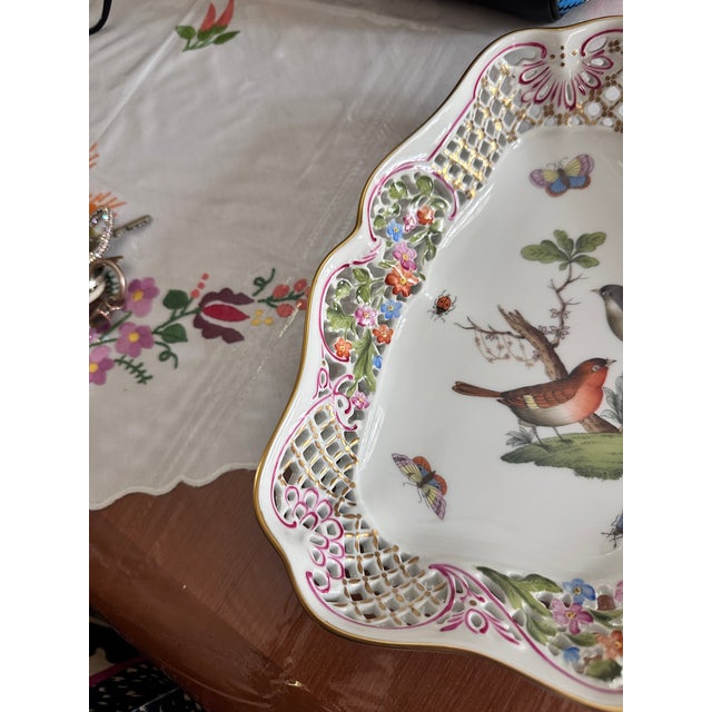Ceramic Herend Rothschild Openwork Triangular Dish With Birds For Sale - Image 7 of 10