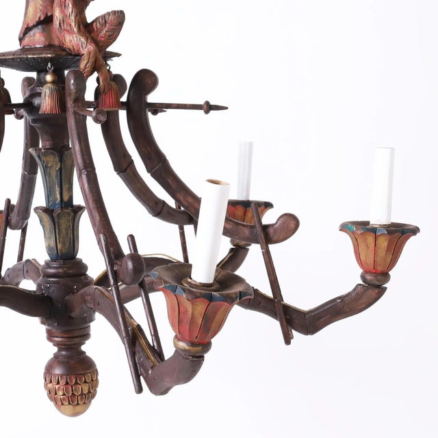 Wood Vintage Pagoda Form Chandelier With Monkey For Sale - Image 7 of 11