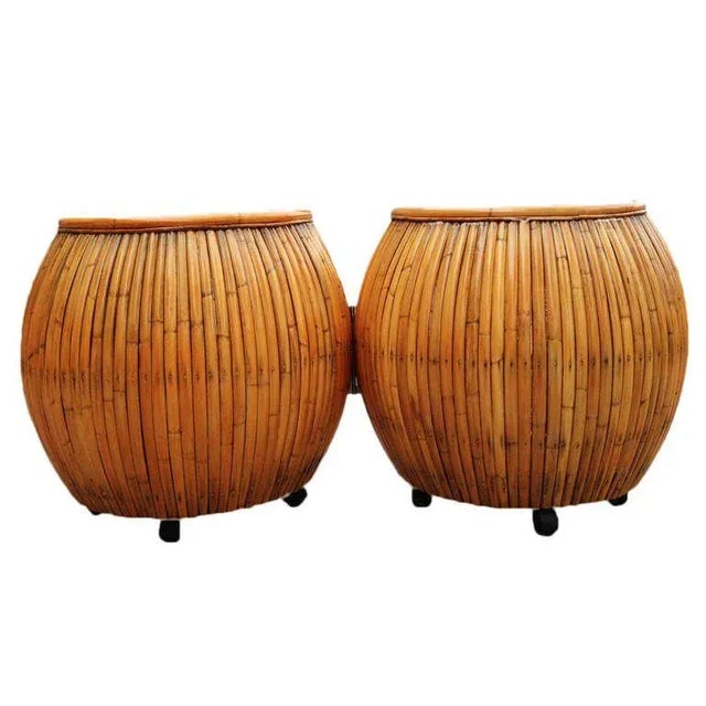 Mid-Century Modern Restored Vintage Large 1940s Rattan and Mahogany Pumpkin Bar For Sale - Image 3 of 8