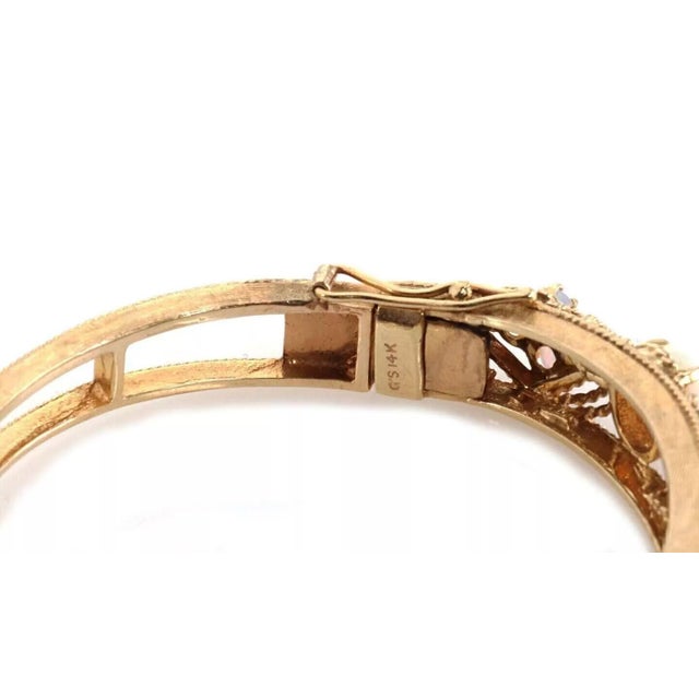 Late 20th Century Fire Opal 14k Yellow Gold Fancy Textured Floral Bangle Bracelet For Sale - Image 5 of 6