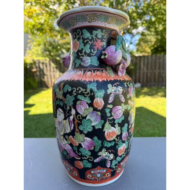 Vintage Chinese Ceramic Vase W/Butterflies, Flowers & Pomegranate Fruit Handles For Sale - Image 13 of 16