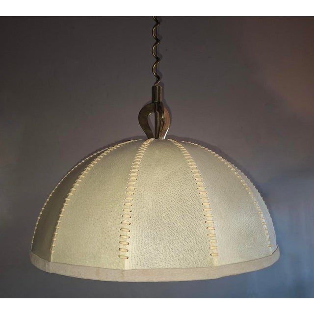 Mid-Century Modern Large Leather, Vellum and Brass Cocoon Chandelier, Italy, 1950s For Sale - Image 3 of 9
