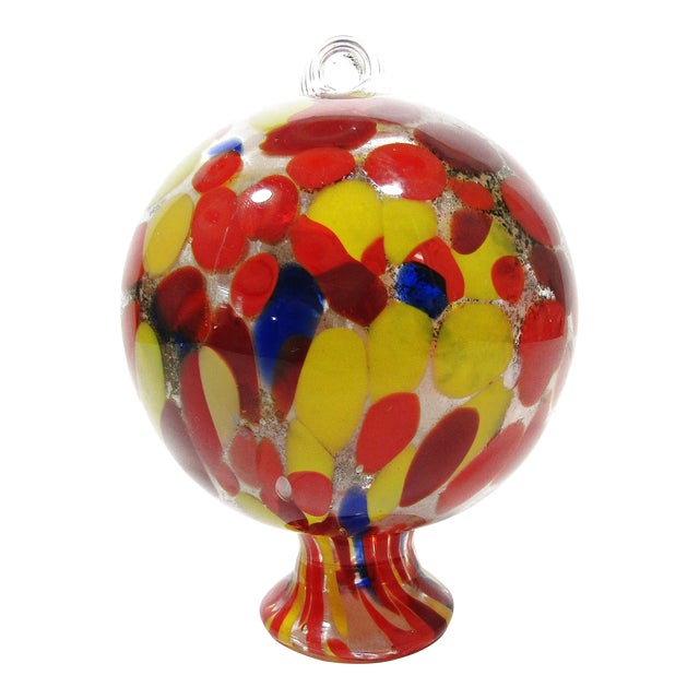 Vintage Hand-Blown Art Glass Witches Ball - Multicolor Speckled Red, Orange, Yellow, Blue For Sale
