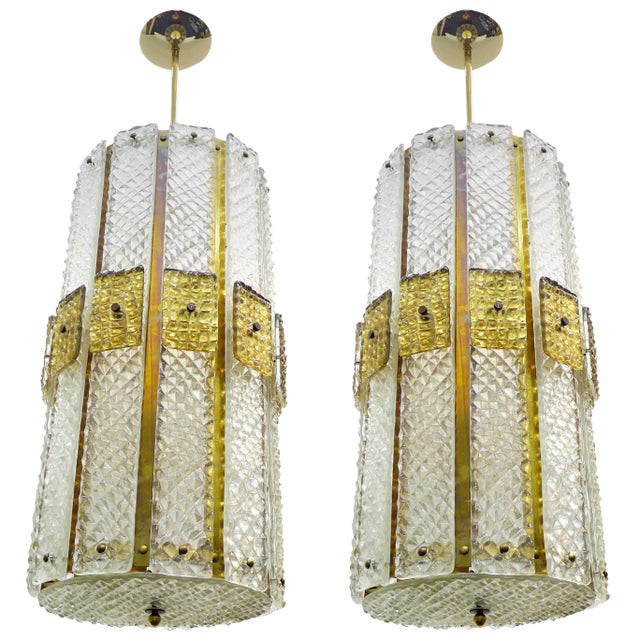 Large Textured Glass and Brass Chandelier - a Pair For Sale