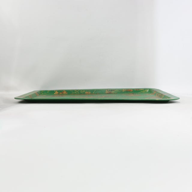 Chinoiserie Vintage Hand Painted Chinoiserie Tole Tray Emerald Green and Gold Lacquer Rectangular Serving Tray For Sale - Image 3 of 16