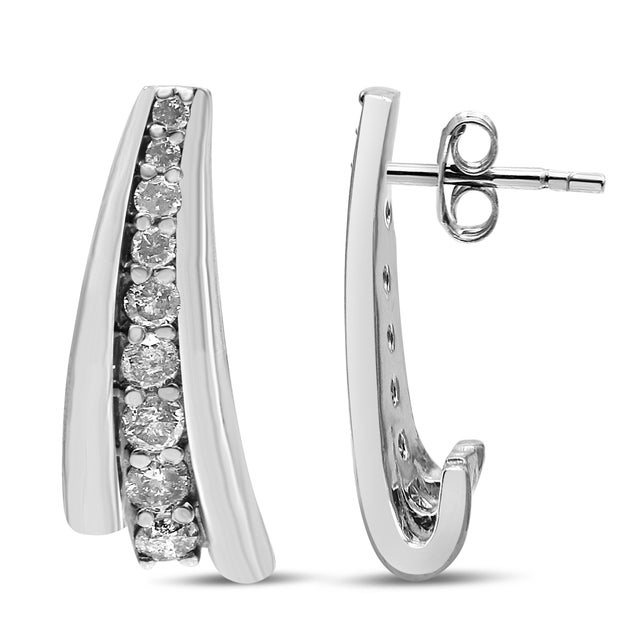 Contemporary .925 Sterling Silver 1 Cttw Round Diamond Graduated Huggie Earrings (I2-I3 Clarity, I-J Color) For Sale - Image 3 of 5