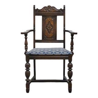 Vintage Antique Solid Oak Rustic Gothic Jacobean Tudor Style Dining Arm Chair For Sale