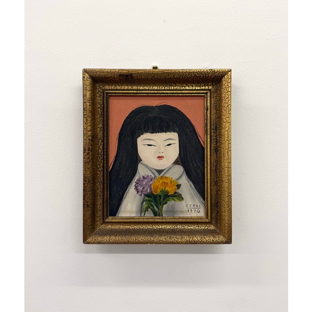 A vintage abstract portrait painting on canvas depicting a stylized young woman with flowing black hair, serene facial...