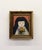 A vintage abstract portrait painting on canvas depicting a stylized young woman with flowing black hair, serene facial...