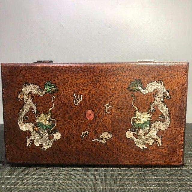 Brown Vintage Chinese Rosewood Box With Mother of Pearl "Two Dragons" Inlay For Sale - Image 8 of 9