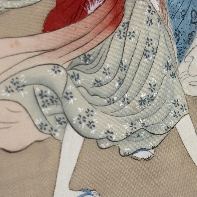 Early 20th Century Japanese Bijin-Ga Mixed-Media Silk Artwork of Two Women With Fans For Sale - Image 4 of 8