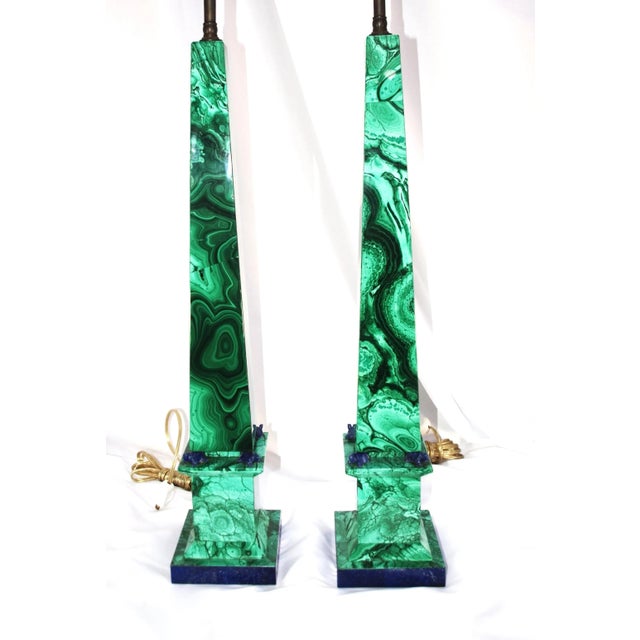Contemporary Pair Vintage Malachite Stone Lamps With Lapiz Lazuli Accents For Sale - Image 3 of 12