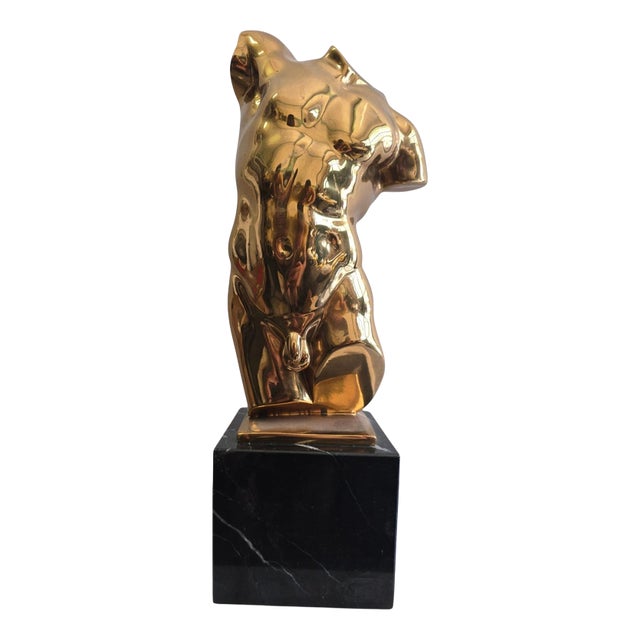 Italian Artist, Gilt Bronze Male Torso on Black Marble Base, 1950s, Bronze For Sale