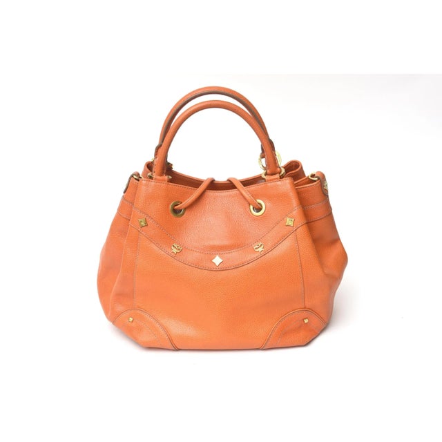 Modern Vintage MCM Orange Leather and Gold Plated Tassel Hand Bag For Sale - Image 3 of 10