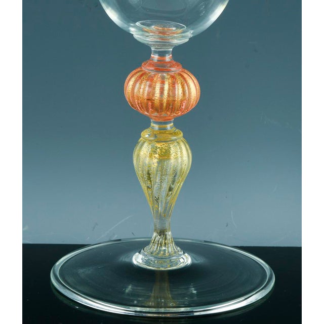 Murano Vintage Murano Glass Large Wine Glasses, Peach and Gold-Leaf Ribbed Stems, Set of Ten For Sale - Image 4 of 8