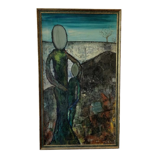 Mid 20th Century Cubist Figurative Modern Oil Painting on Canvas, Framed For Sale