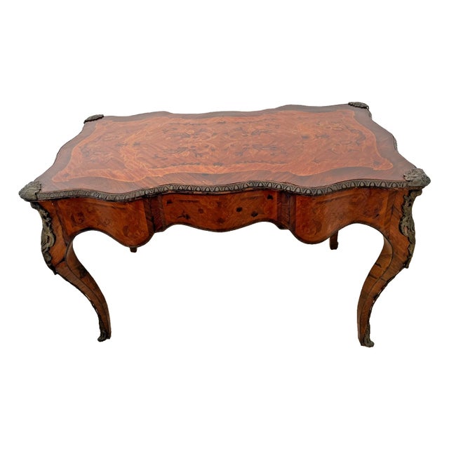 Early 20th Century Antique French Desk Three Dovetail Drawers Brass Ormolu Hand Cut Floral Inlays For Sale - Image 5 of 13