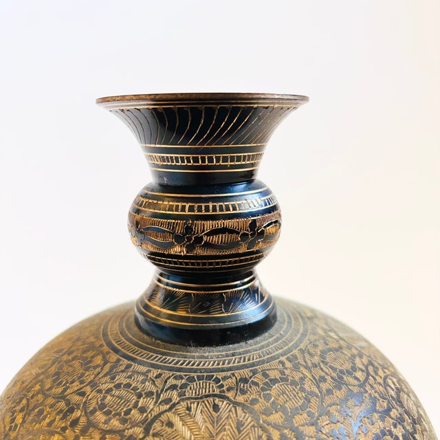 Large 8" Etched Brass Vase With Peacock Design For Sale - Image 4 of 10