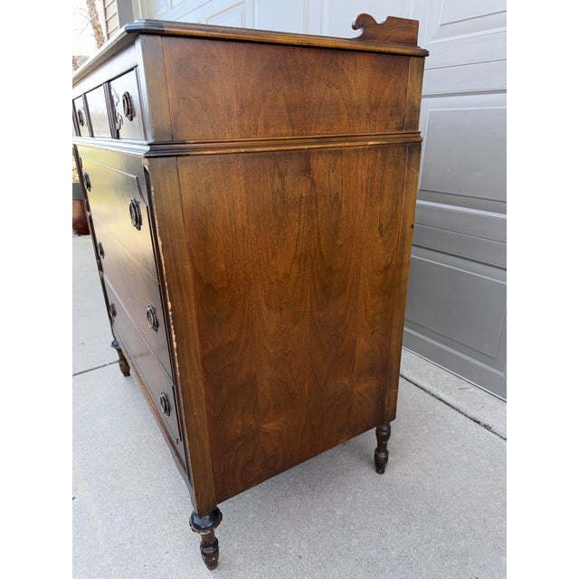 Rare 1925-Dated John Widdicomb French Provincial Tall Dresser Commode Burl Walnut Veneer, Floral Accents, Ornate Brass Ring Pulls, Cabriole Legs For Sale - Image 9 of 12