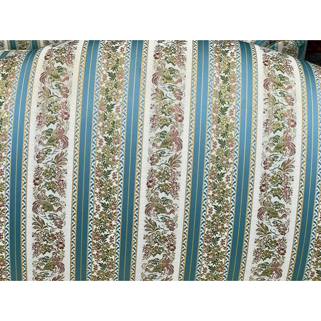 Mid 20th Century Pair Taylor-King Queen Anne Camelback Sofa Loveseat Floral Blue White Stripe For Sale - Image 9 of 12
