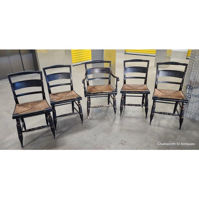 4 side and one single armchair. Having the L. Hitchcock Hitchcock-Ville Conn Warranted with the backwards N and the lack...