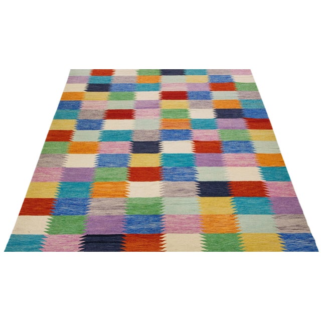 Modern Multicolor Geometric Modern Flatweave Kilim Wool Rug For Sale - Image 3 of 7