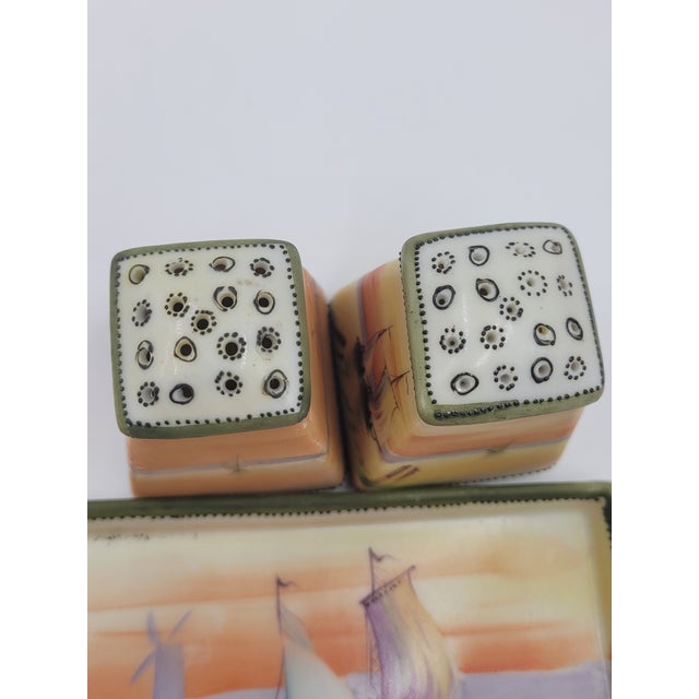 Antique Hand-Painted Nippon Porcelain Sailboat Scenic Salt & Pepper Set With Tray - 3 Pieces For Sale - Image 10 of 12