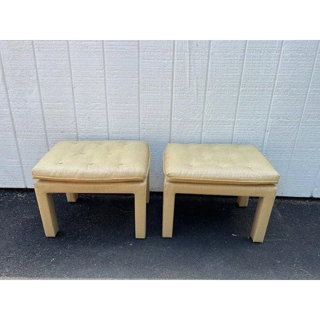 Pair of Silk Parson Ottomans or stools. Gingham silk upholstery covers the pair. Do not need a recover. Details Similar...