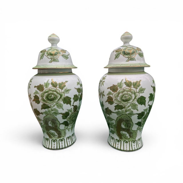 Vintage Chinoiserie Porcelain Green Botanical Ginger Jars- A Pair For Sale - Image 11 of 14