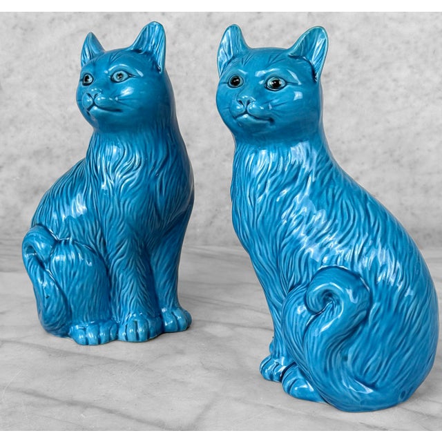 Turquoise Vintage Chinese Turquoise Blue Glazed Ceramic Mantle Cat Sculpture - A Pair For Sale - Image 8 of 10