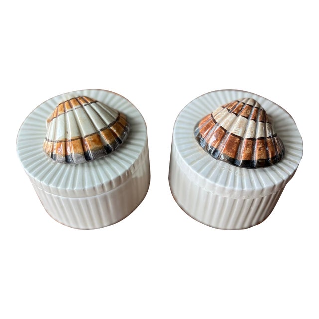 1970s Fitz and Floyd Hand-Painted Seashell Ceramic Canisters-Set of 2 For Sale