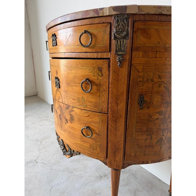 19th-Century French Louis XVI Style Marquetry Inlaid Demi-Lune Cabinet With Breccia Marble Top For Sale - Image 9 of 18