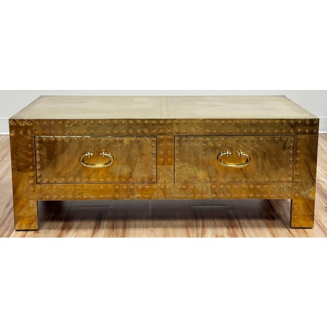 Mid-Century Modern Vintage Brass Clad Sarreid LTD Coffee Table Trunk For Sale - Image 3 of 14