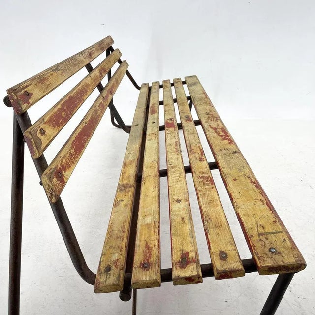 Vintage Industrial Slatted Bench with Original Patina, 1950s For Sale - Image 4 of 10