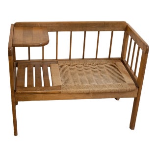 Vintage Mid-Century Birch Telephone Bench Chair Danish Style Rope Seat Table For Sale