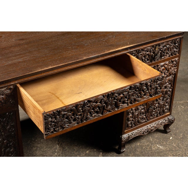 Hand-Carved Indonesian Floral Kneehole Desk For Sale - Image 14 of 16