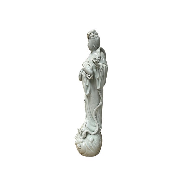 Chinese Vintage Off White Porcelain Standing Bodhisattva GuanYin Music Vessel Statue For Sale - Image 3 of 7