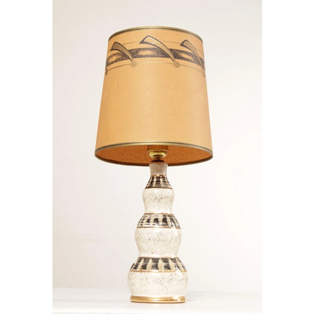 High Quality Vintage Gourd Form White, Black, and Gold Painted Ceramic Table Lamp with Custom Painted Drum Shade