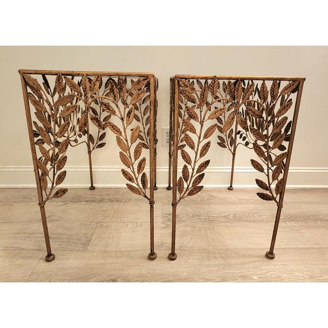 1970s Vintage French Botanical Sweet and Petite Gilded Tole Glass Top Side Tables-a Pair For Sale - Image 5 of 8