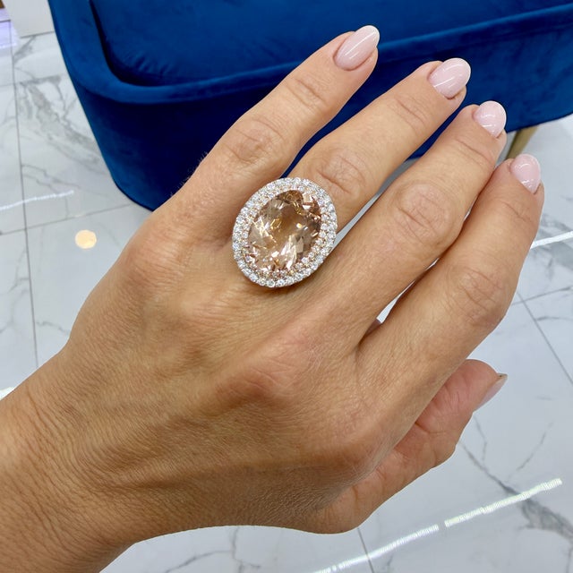 Ladies 14k White & Rose Gold 11.35ctw Oval Morganite Halo Diamond Cocktail Ring, Size 6.75 For Sale - Image 10 of 10