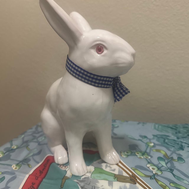 Vintage Sigma Tastesetter White Porcelain Bunny Figurine - Pink Eyes & Blue Gingham Bow For Sale - Image 4 of 6